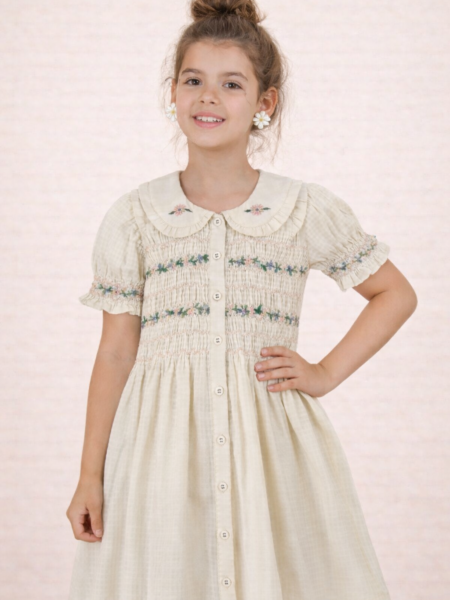 Smocked Dress With Delicate Floral Embroidery